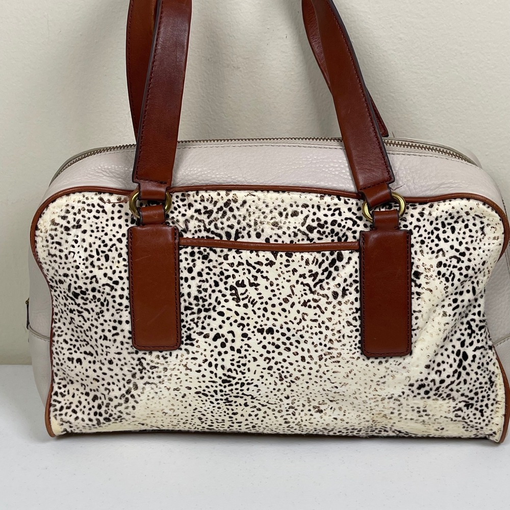 Fossil Memoir Satchel Leather Calf Hair Purse White Bone Spot Animal Print Boho‎ - Picture 4 of 15
